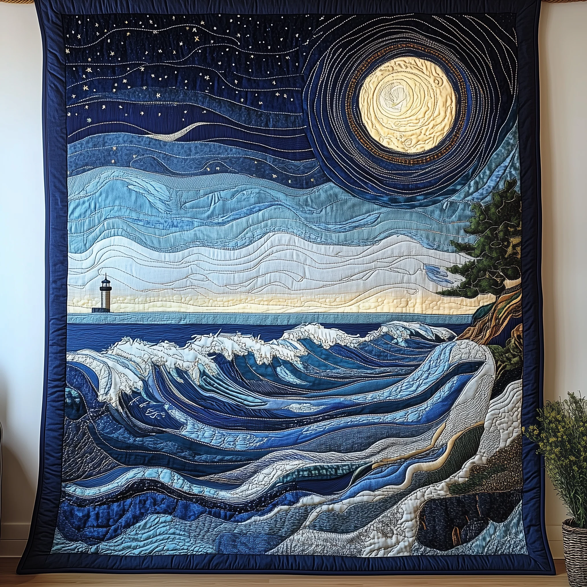 Blue Sea In Moonlight Quilted Blanket GFTONL1808