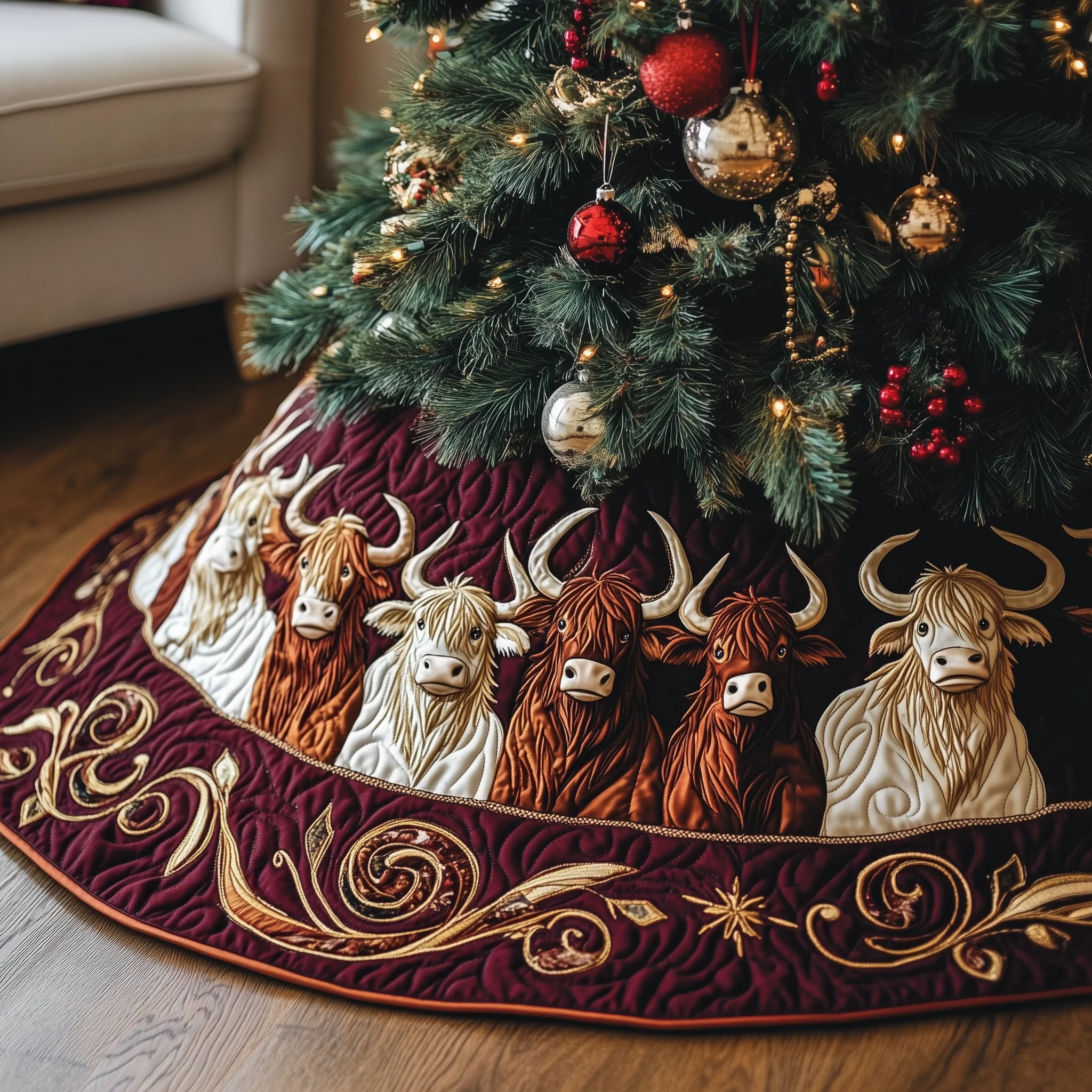 Christmas Highland Cow Quilted Tree Skirt GFTOHD1333