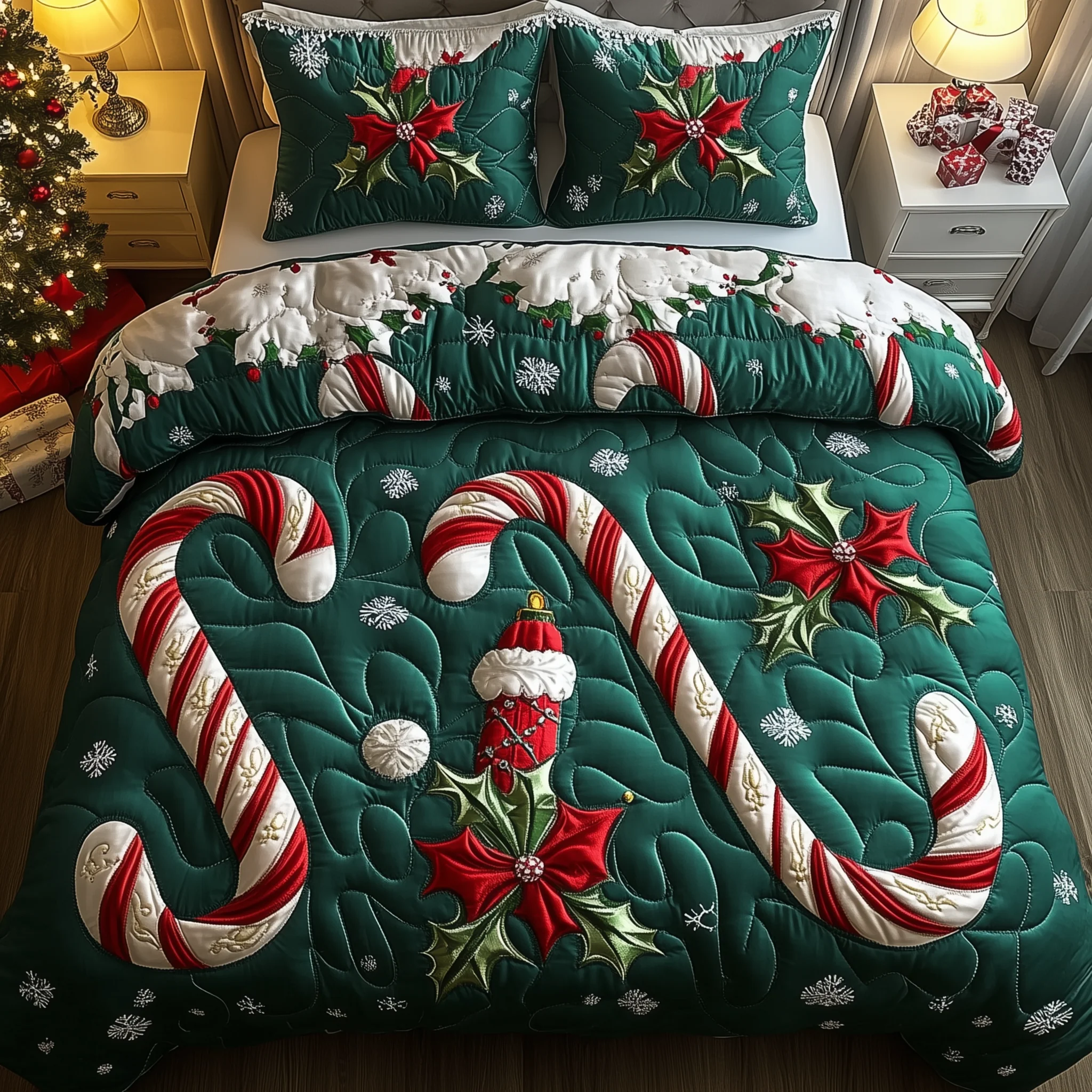 Cheerful Candy Cane 3-Piece Quilted Bedding Set GFTONL1526