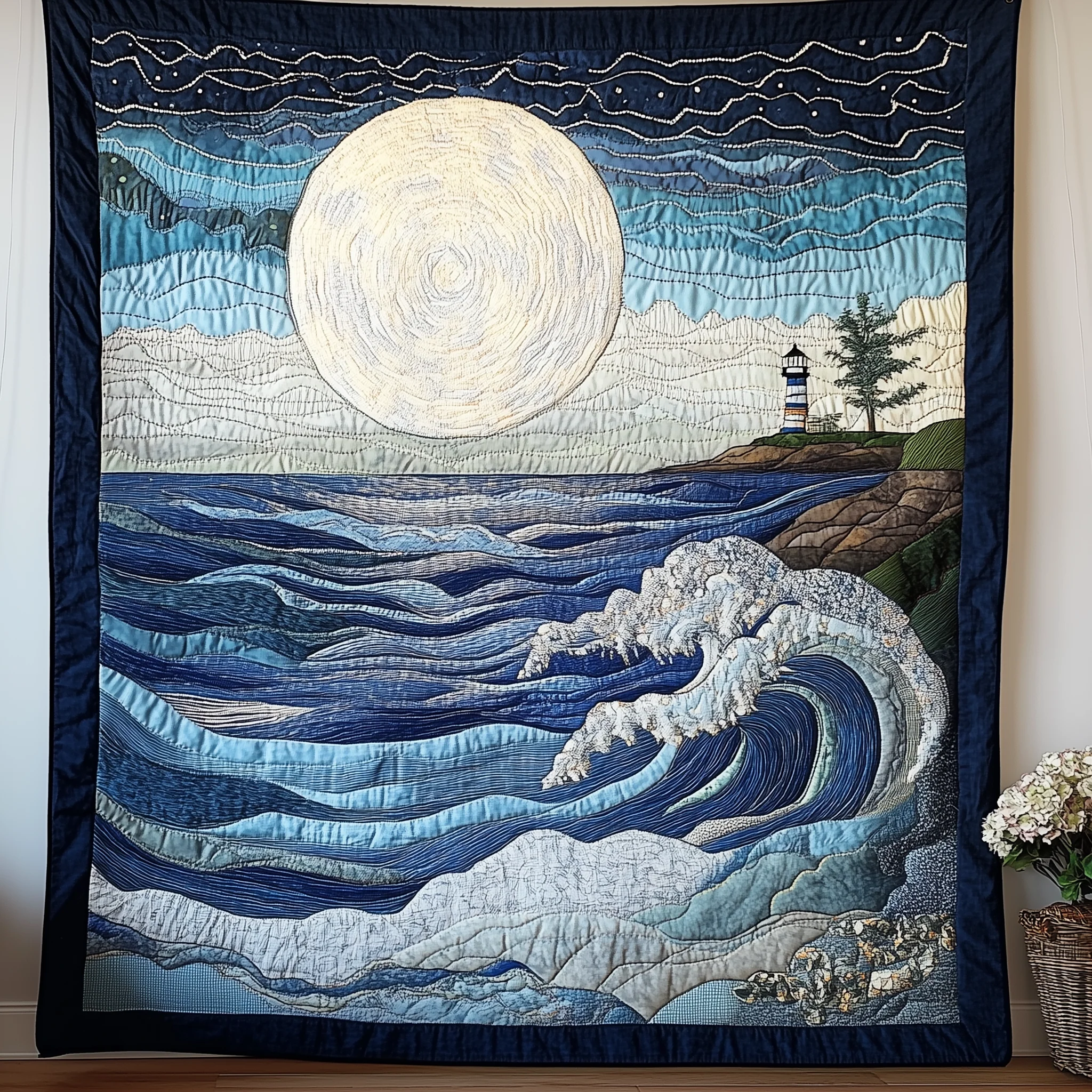 Blue Sea In Moonlight Quilted Blanket GFTONL1812