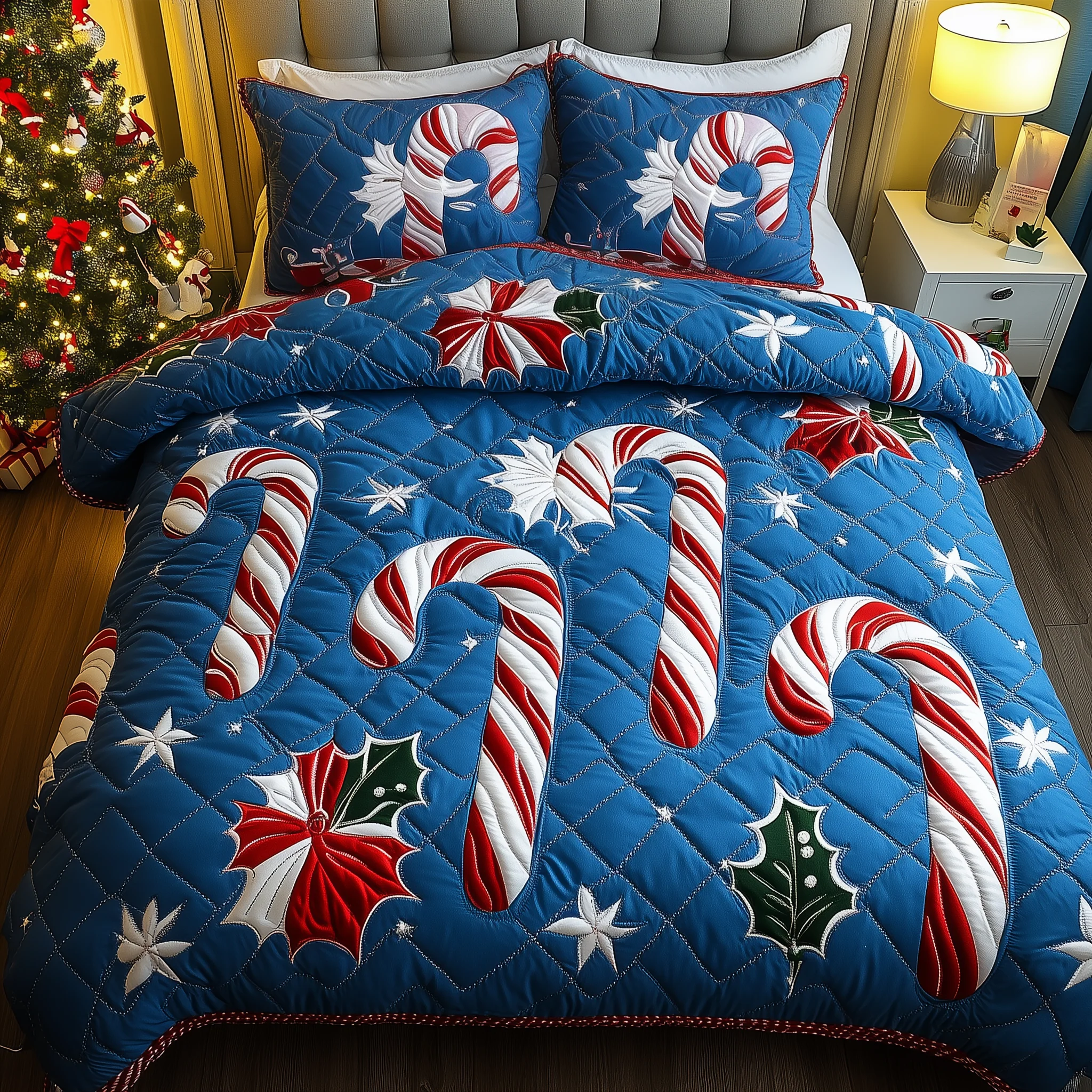 Cheerful Candy Cane 3-Piece Quilted Bedding Set GFTONL1515