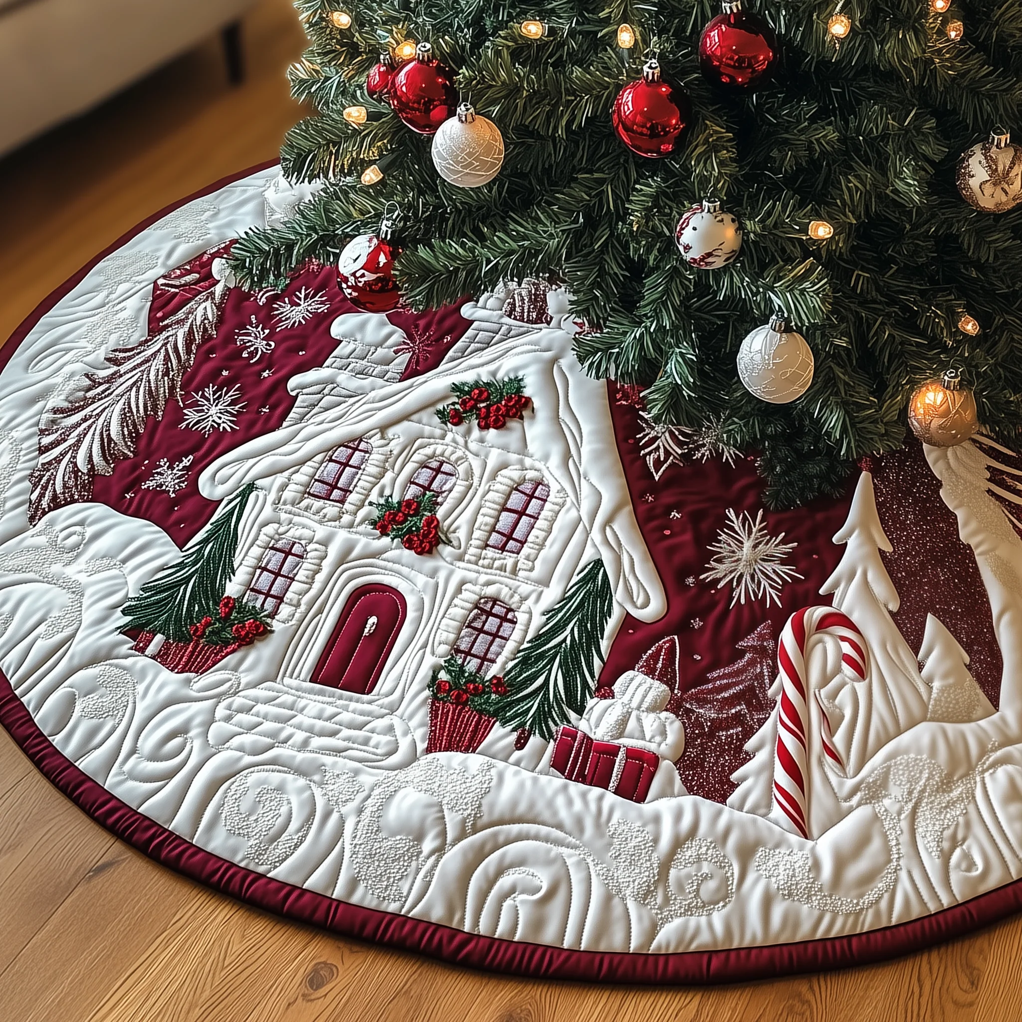 Candy Canes Whimsical House Quilted Tree Skirt GFTOTP1328