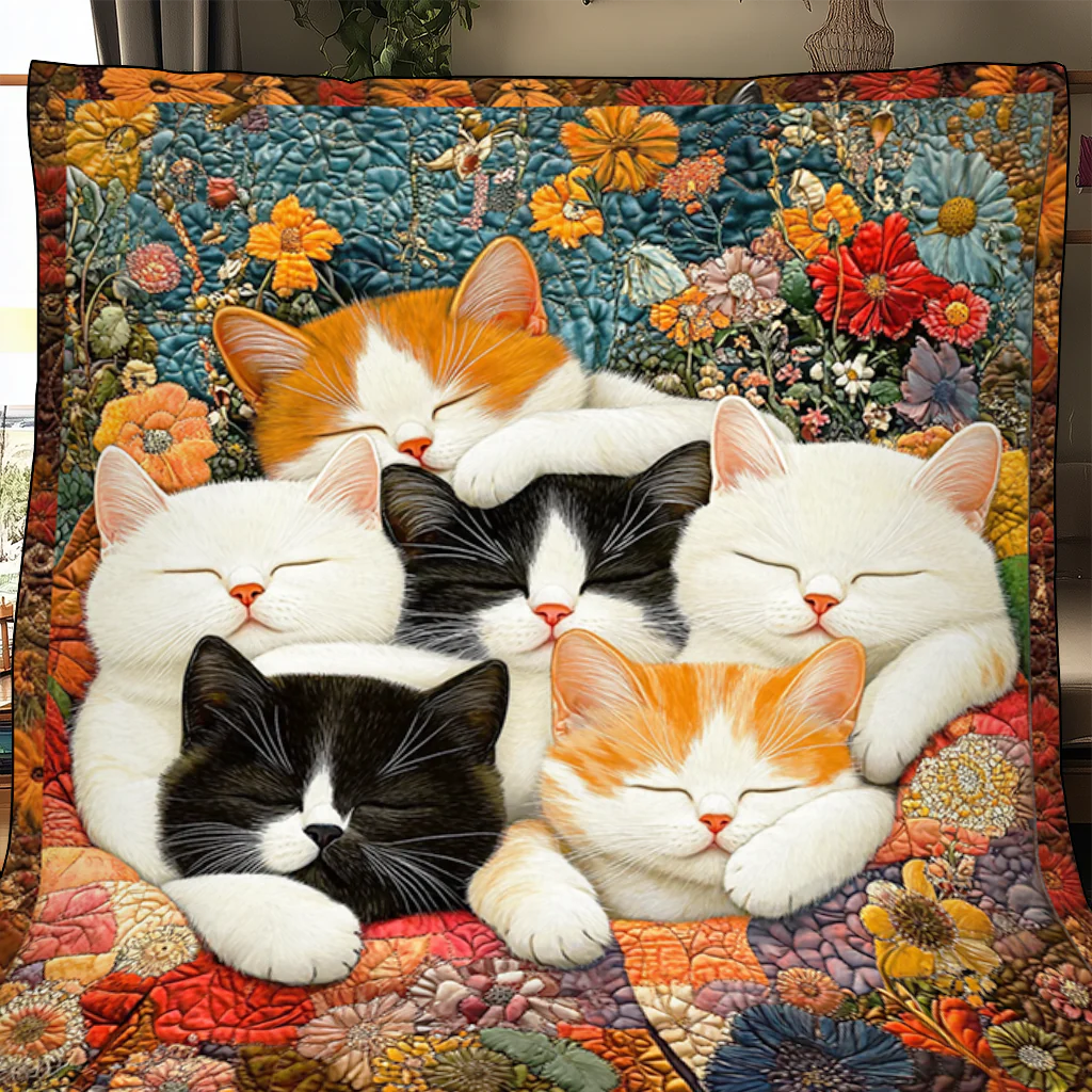 Adorable Cute Lazy Cat Floral Theme Quilted Blanket FCNL01