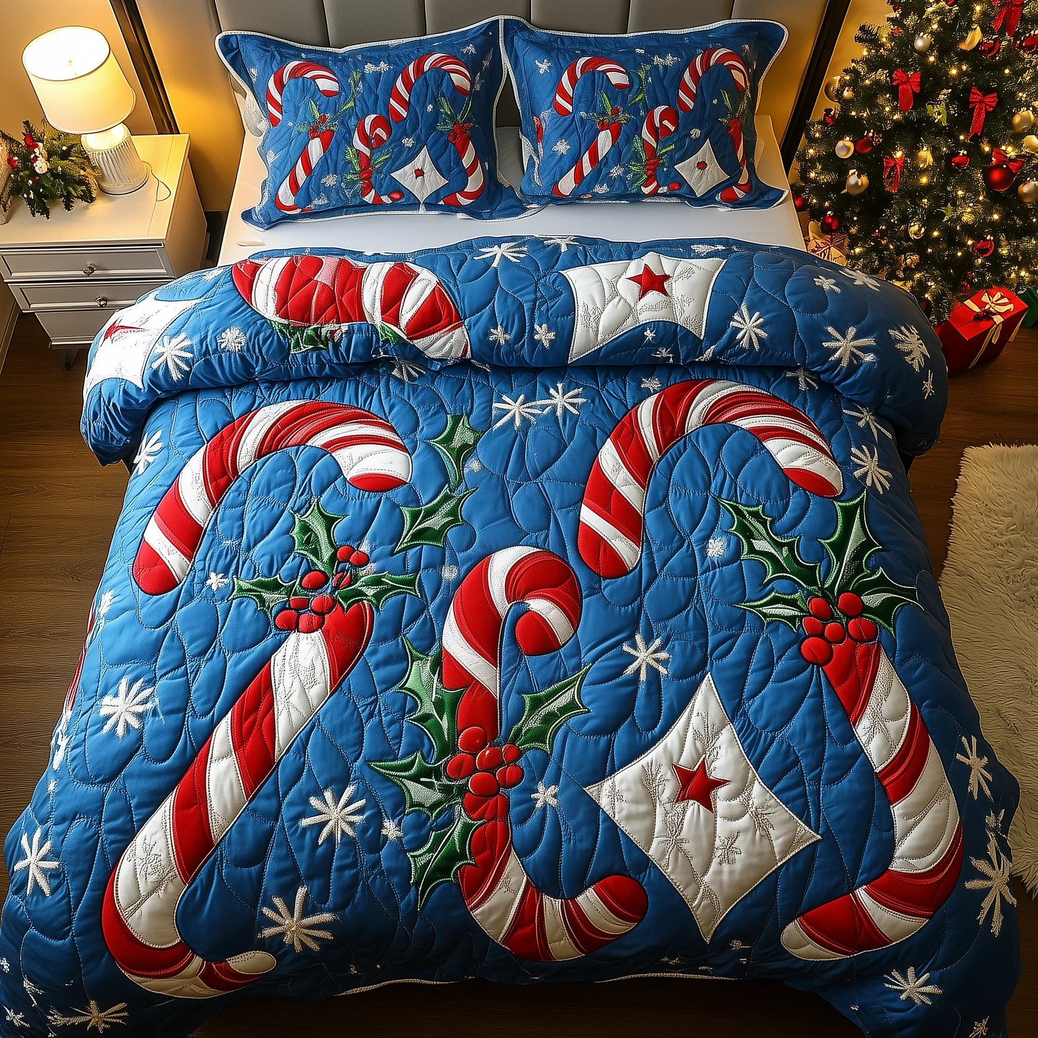 Cheerful Candy Cane 3-Piece Quilted Bedding Set GFTONL1522