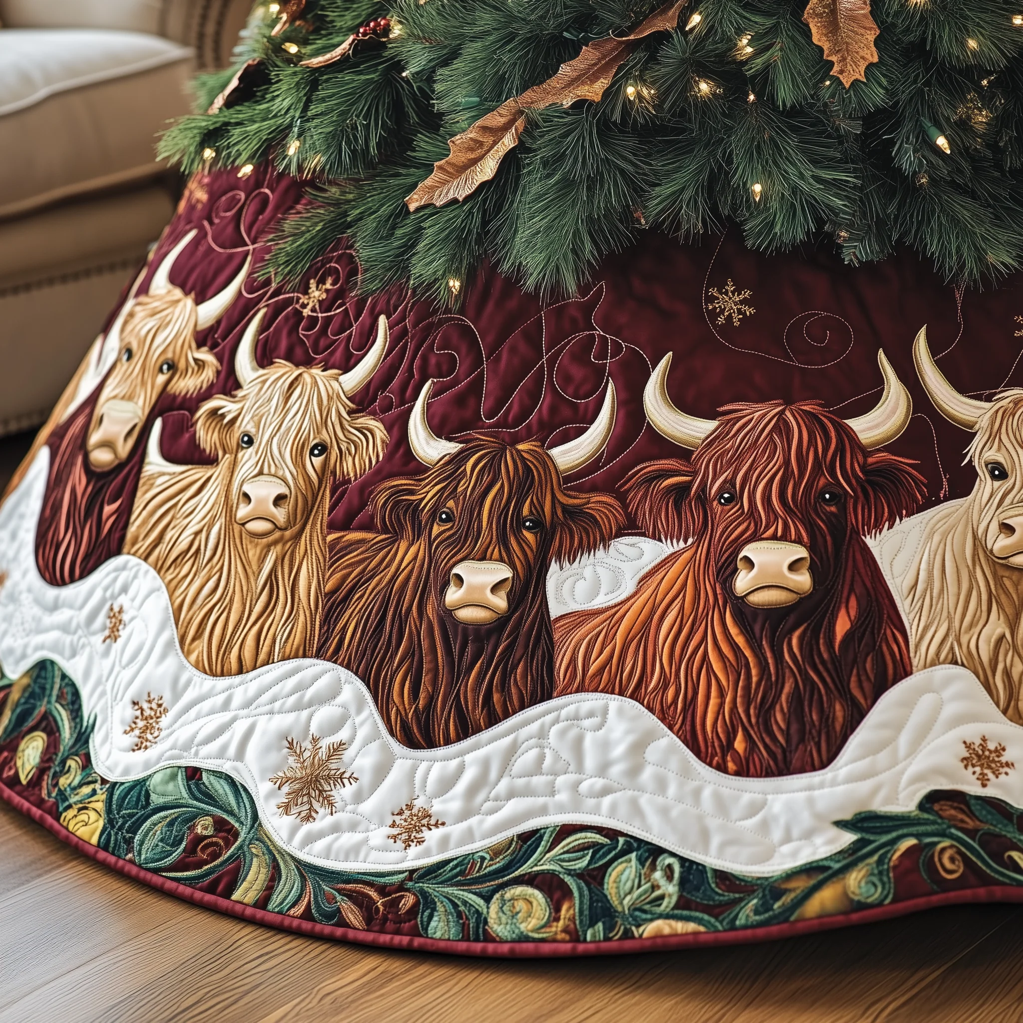 Christmas Highland Cow Quilted Tree Skirt GFTOHD1334