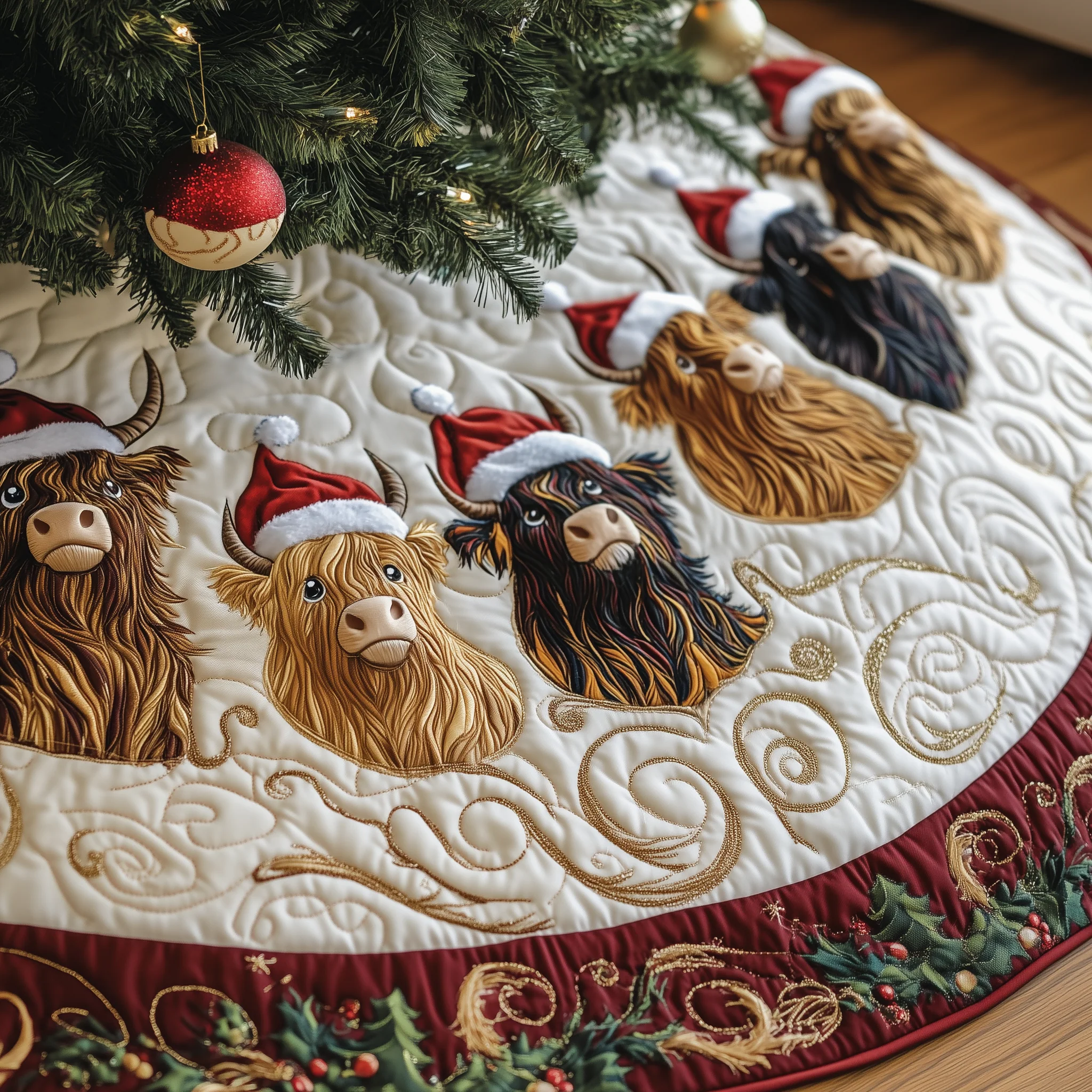Christmas Highland Cow Quilted Tree Skirt GFTOHD1332