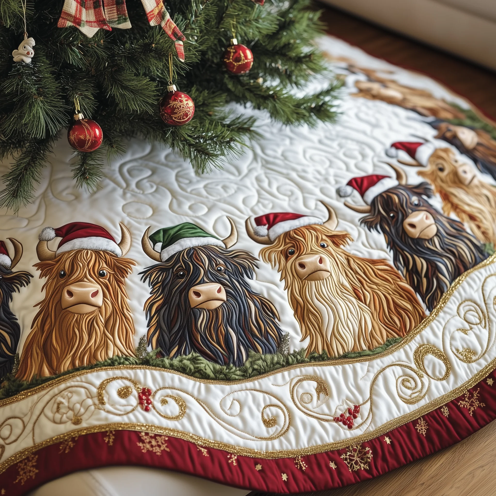 Christmas Highland Cow Quilted Tree Skirt GFTOHD1331