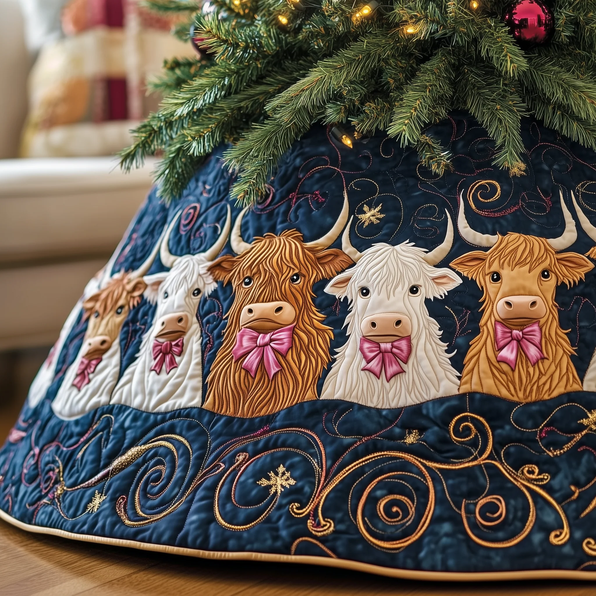 Christmas Highland Cow Quilted Tree Skirt GFTOHD1335