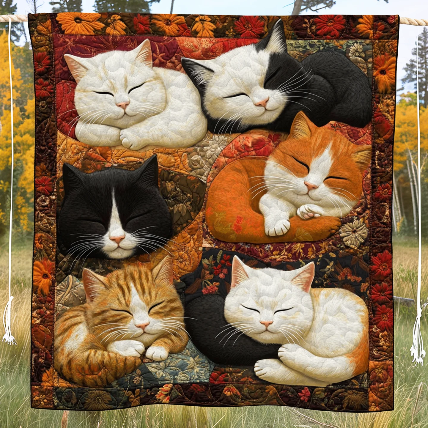Adorable Cute Lazy Cat Floral Theme Quilted Blanket FCNL03