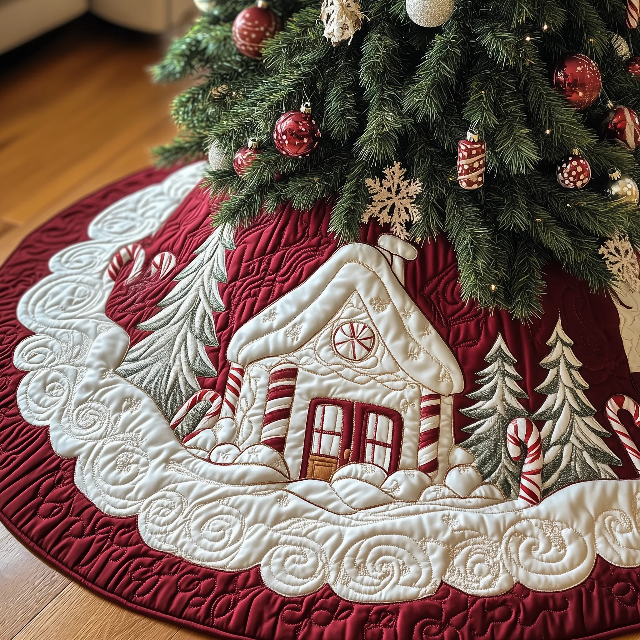 Candy Canes Whimsical House Quilted Tree Skirt GFTOTP1330