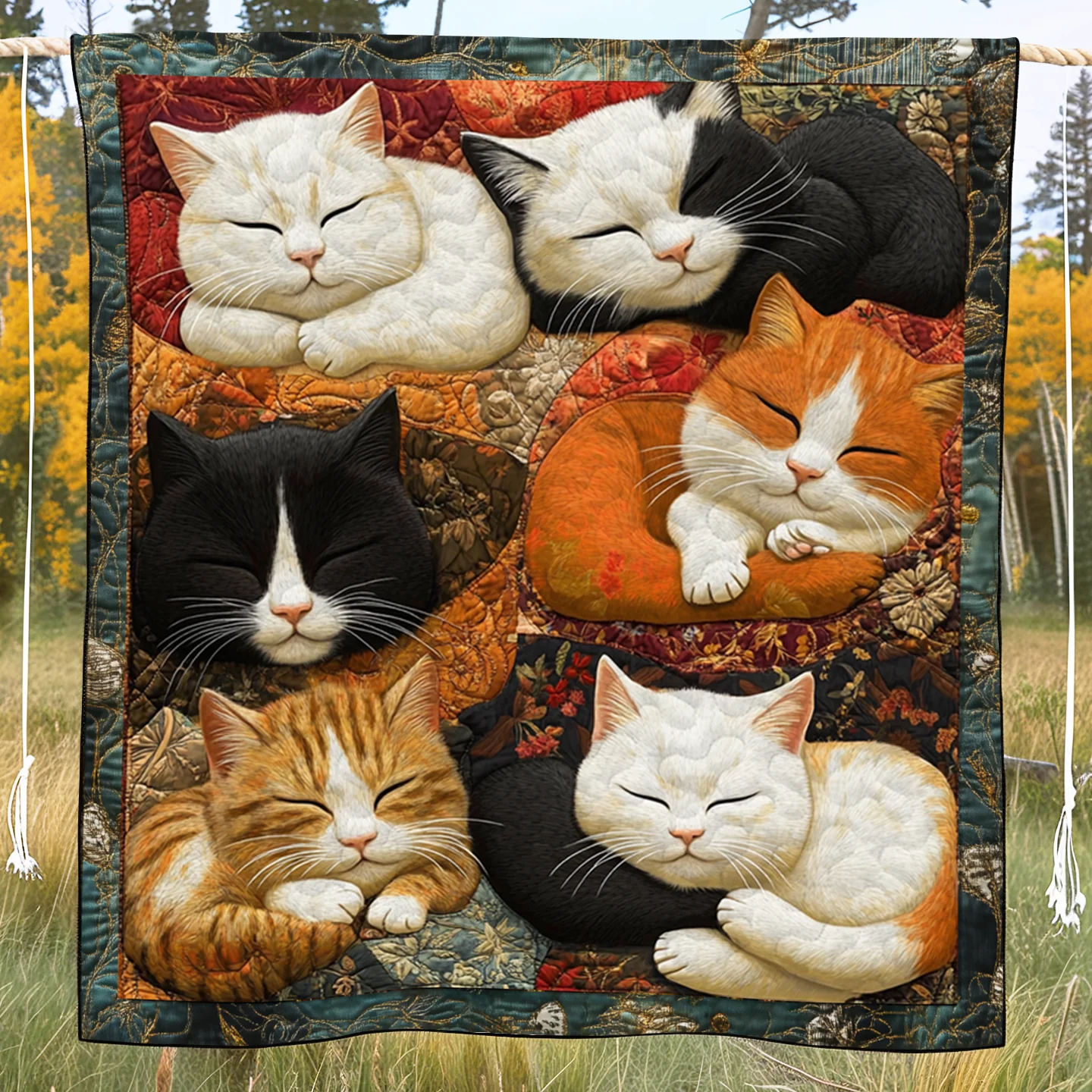 Adorable Cute Lazy Cat Floral Theme Quilted Blanket FCNL02