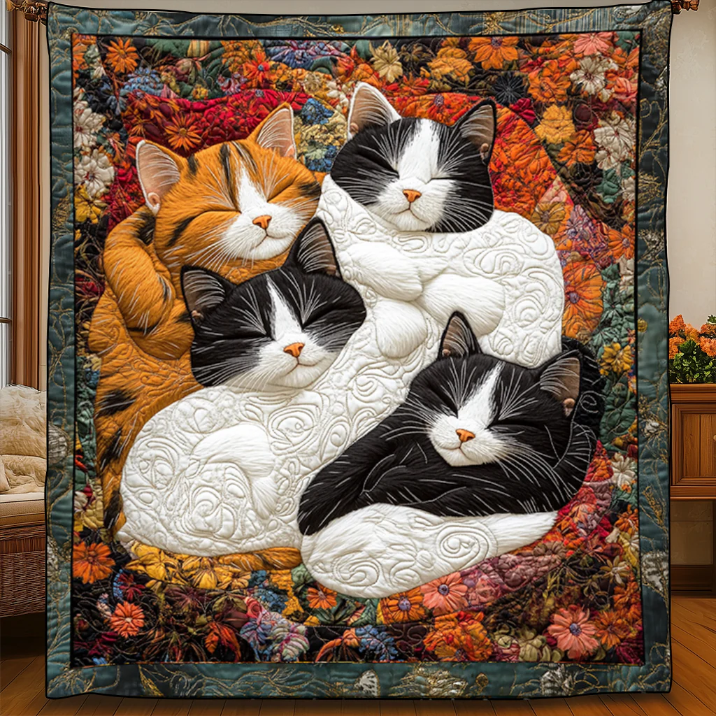 Adorable Cute Lazy Cat Floral Theme Quilted Blanket FCNL06