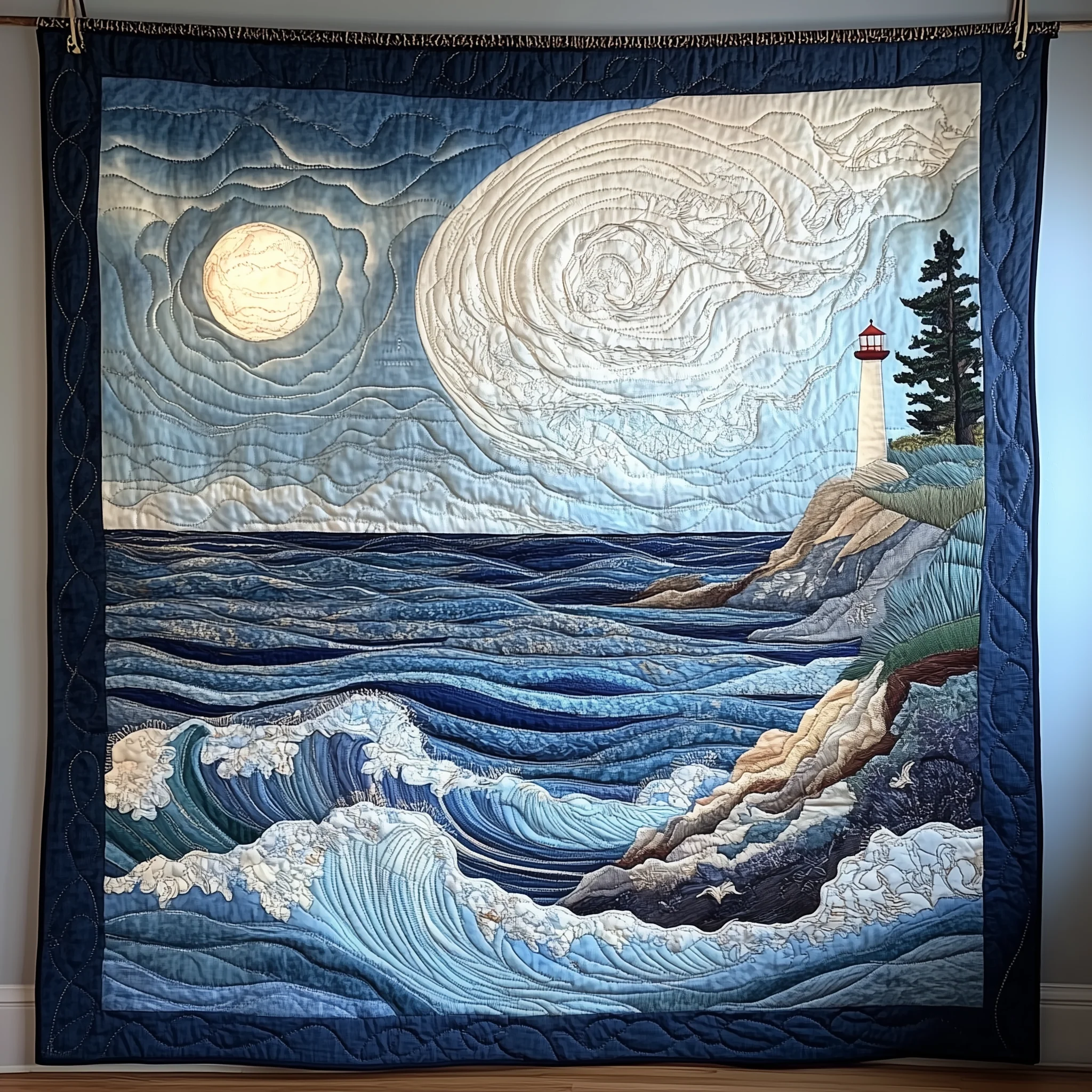 Blue Sea In Moonlight Quilted Blanket GFTONL1811