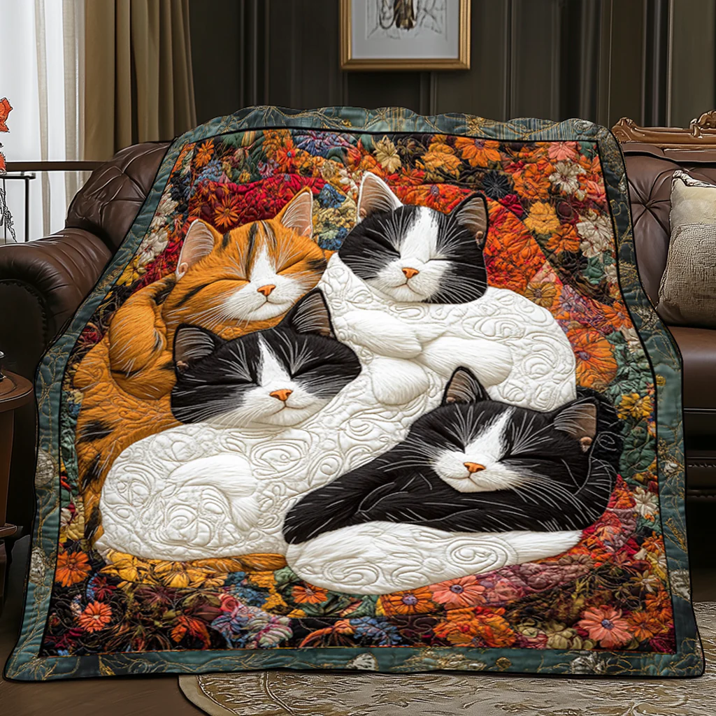 Adorable Cute Lazy Cat Floral Theme Quilted Blanket FCNL06