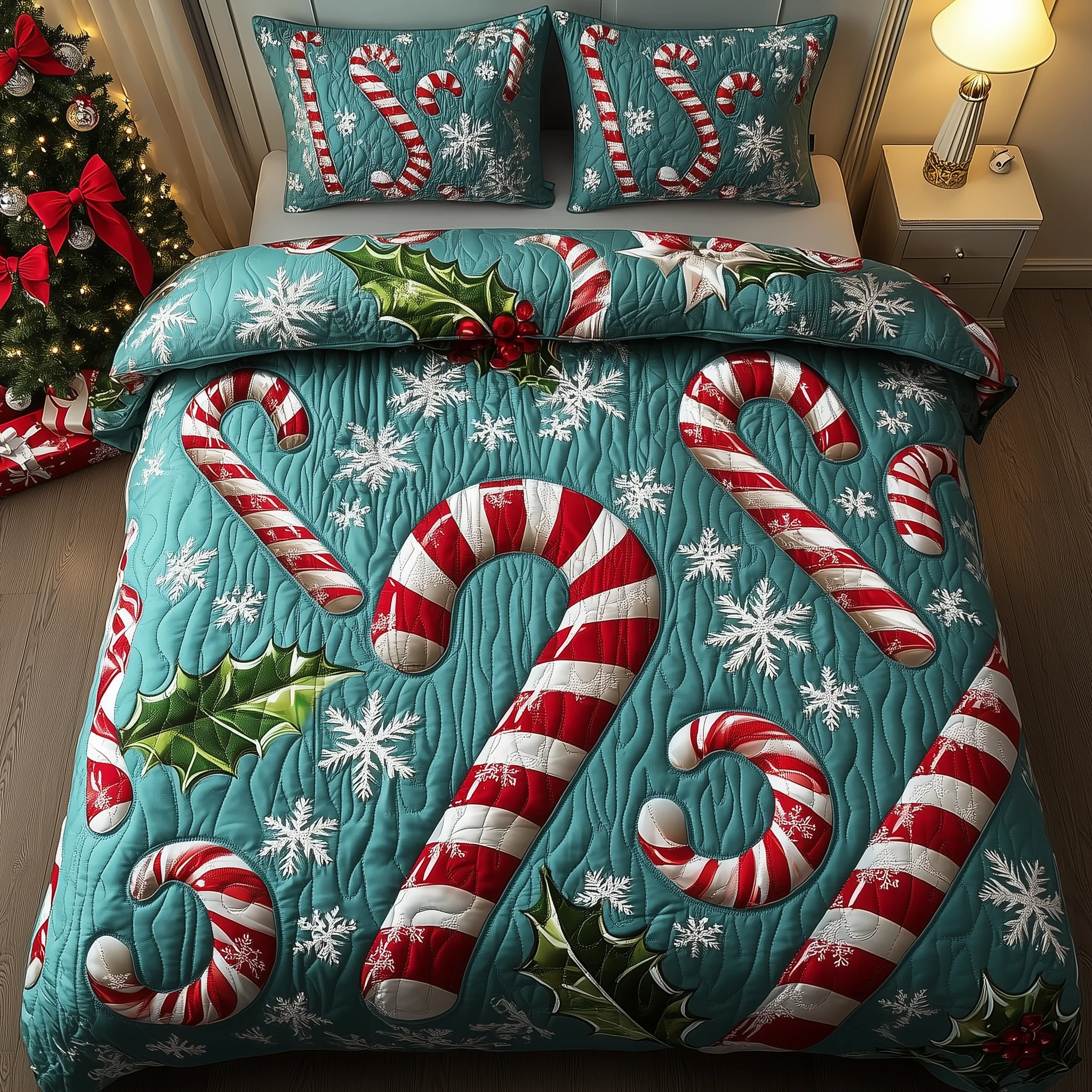 Cheerful Candy Cane 3-Piece Quilted Bedding Set GFTONL1523
