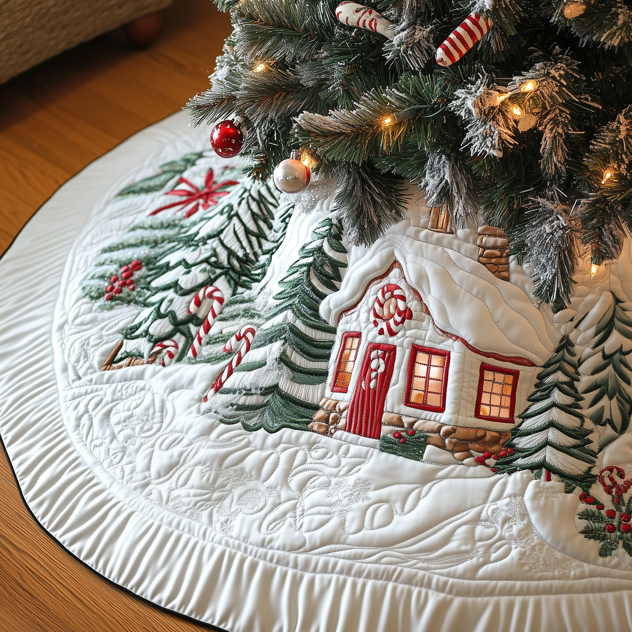 Candy Canes Whimsical House Quilted Tree Skirt GFTOTP1321