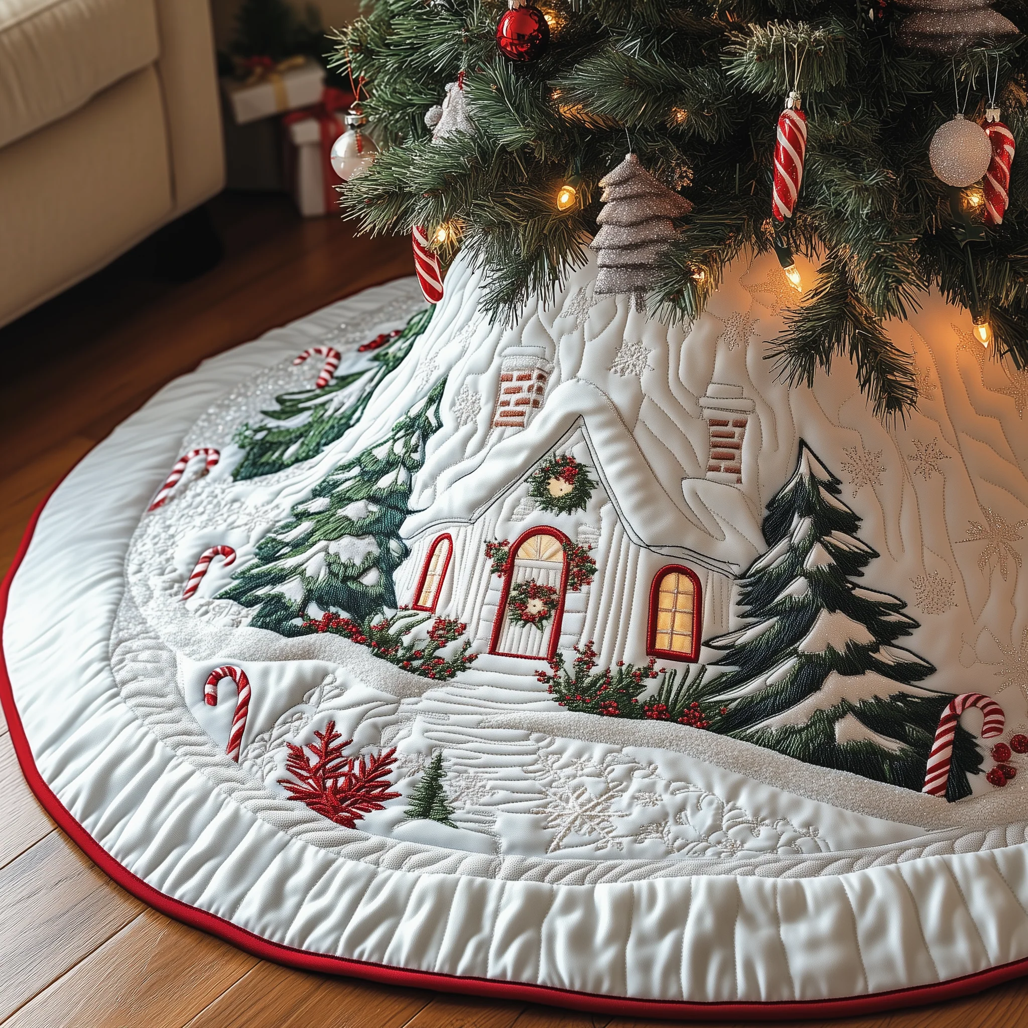 Candy Canes Whimsical House Quilted Tree Skirt GFTOTP1322