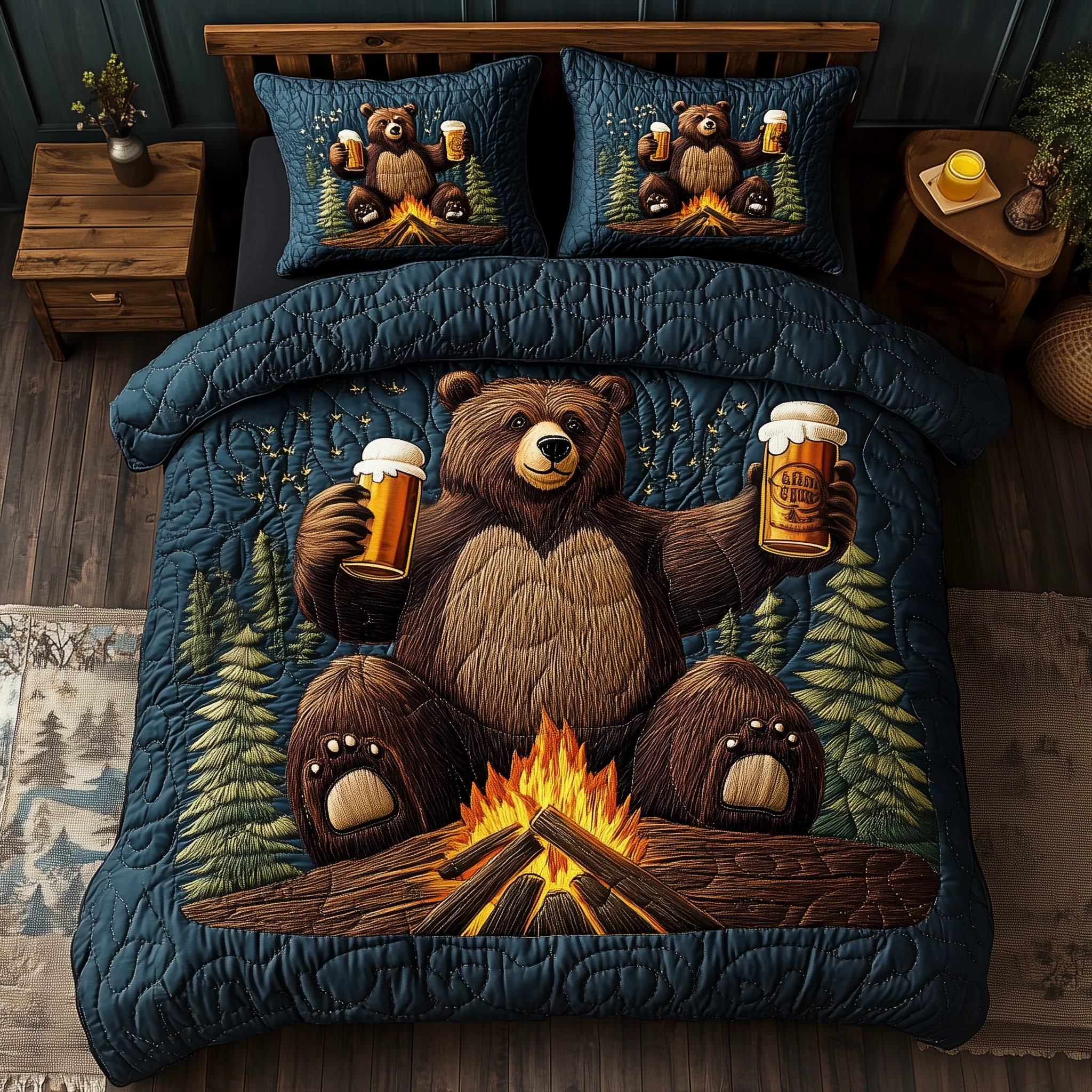 Bear Drinks Beer Camping 3-Piece Quilted Bedding Set GFTOAB1413