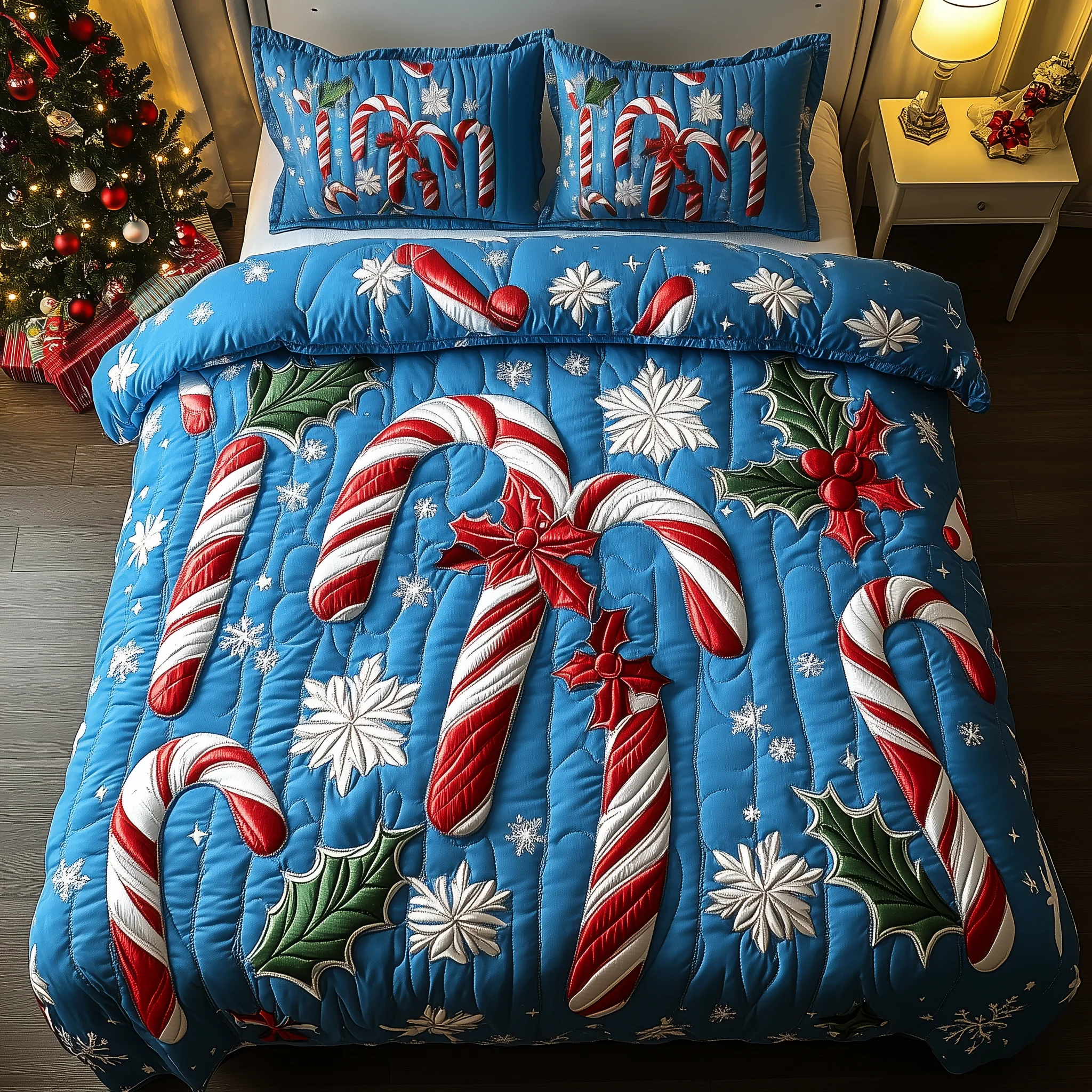 Cheerful Candy Cane 3-Piece Quilted Bedding Set GFTONL1516