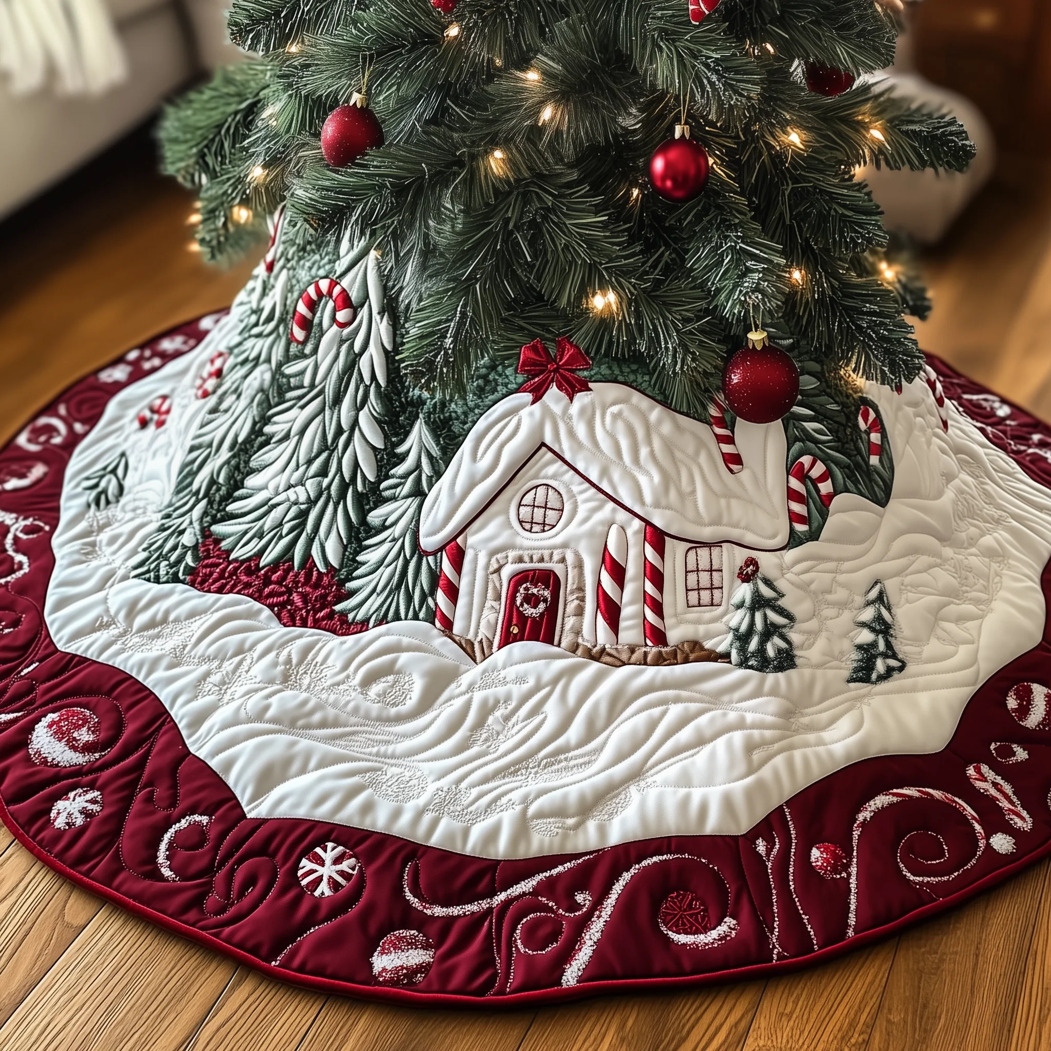 Candy Canes Whimsical House Quilted Tree Skirt GFTOTP1331