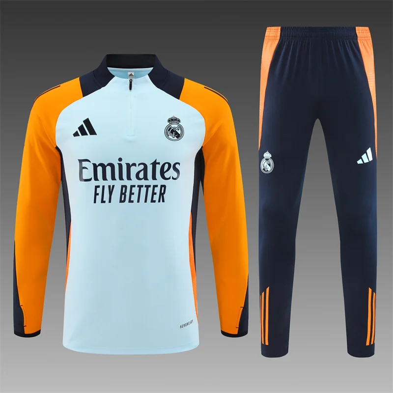 2024/2025 Real Madrid Half-Pull Training Wear Light Blue Football Shirt Kids Size