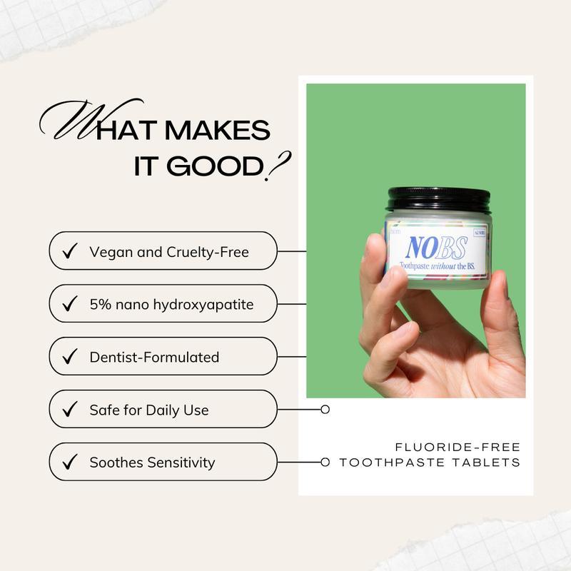 Toothpaste Tablets  Chewable Whitening - for Sensitive Teeth & Antiplaque - Nano Hydroxyapatite, Natural Peppermint, Fluoride Free - Strengthen & Protect Enamel - Fresh Breath, Glass Jar