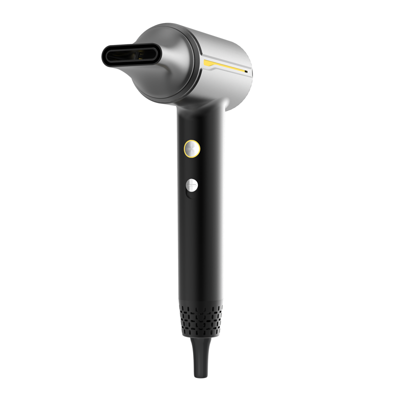 High-speed hair dryer with powerful 110,000RPM airflow, foldable design for easy portability and storage, three-color temperature settings display (cold/warm/hot), and 2 speed options available