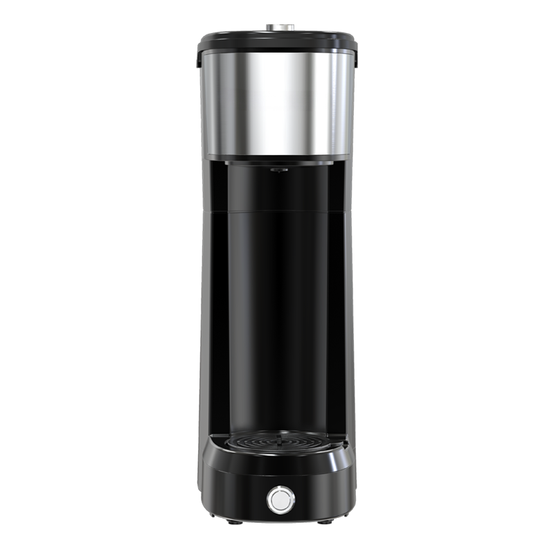 Multi-functional coffee maker with 14oz capacity, compatible with K-cup and ground coffee, adjustable cup stand height, and one-touch easy operation