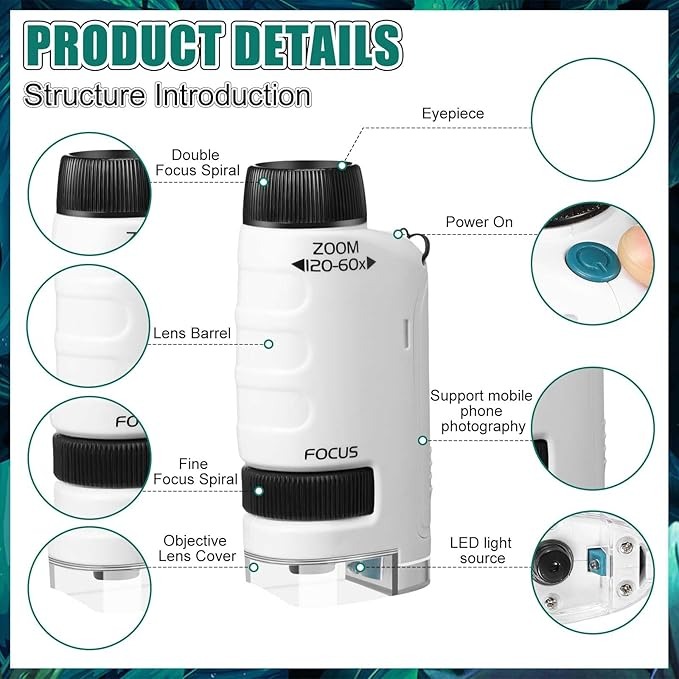 Pocket Microscope for Kids Portable Handheld Mini Microscope Toy Kids Microscope with LED Light