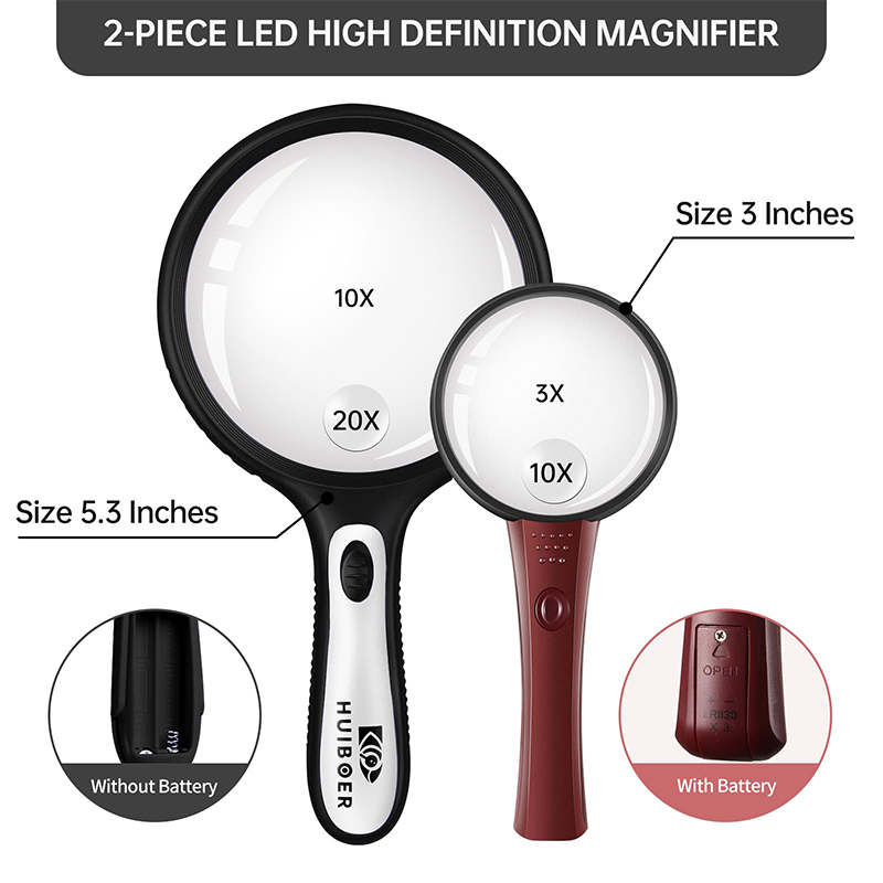 Large Magnifying Glass with Light 5.3 in, 10X 20X Handheld Lighted Magnifier with 4 LEDs for Reading, Checking, Close Work, Elderly & Kids - Black