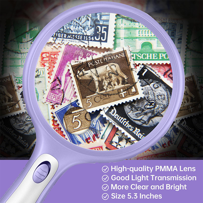 HUlBOER Magnifying Glass for Kids - 5.3 Inch Large Magnifying Glass with Light, 10X 20X & 4 LEDs for Reading, Coins Jewelry Exploration, Science Hobbies (Purple)