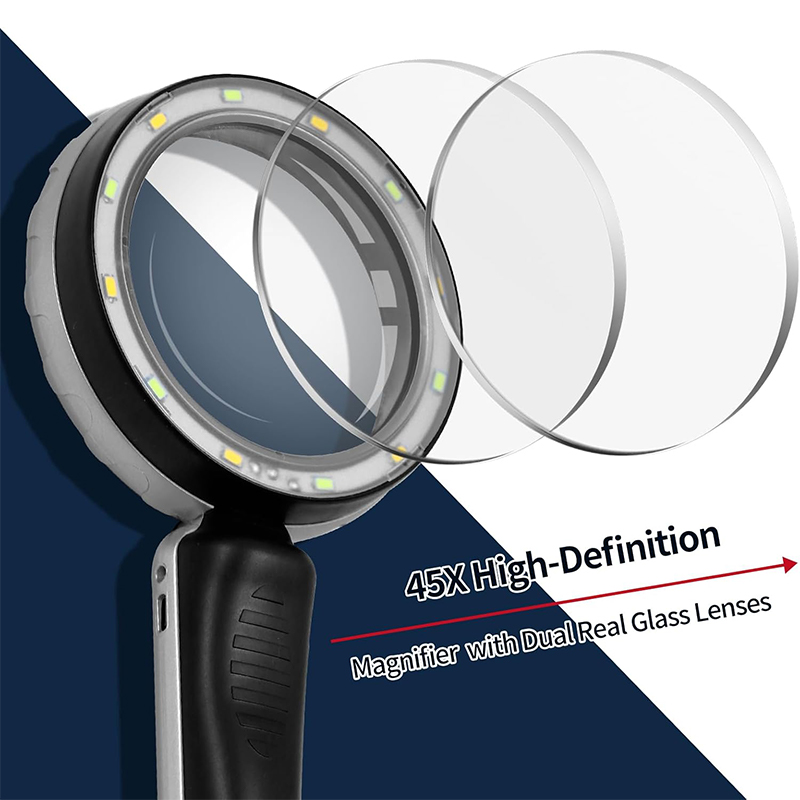 45X Magnifying Glass with Light, 4.6 Inch 1200mAh USB Rechargeable Large Handheld Magnifier, 3 Color Modes, Perfect for Low Vision Seniors, Macular Degeneration & Fine Print (Black)