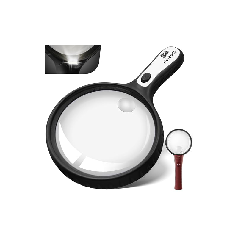 Large Magnifying Glass with Light 5.3 in, 10X 20X Handheld Lighted Magnifier with 4 LEDs for Reading, Checking, Close Work, Elderly & Kids - Black