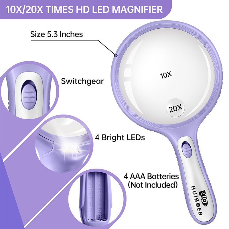 HUlBOER Magnifying Glass for Kids - 5.3 Inch Large Magnifying Glass with Light, 10X 20X & 4 LEDs for Reading, Coins Jewelry Exploration, Science Hobbies (Purple)