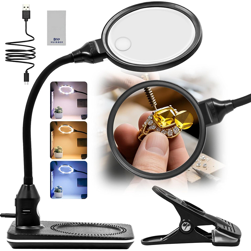 30X Magnifying Glass with Light and Stand, 5.9 Inch Large 2-in-1 Magnifier Lamp with Clamp, 3 Color Stepless Dimming, Flexible Gooseneck Hands-Free Magnifier for Close Work, Crafts & Hobbies