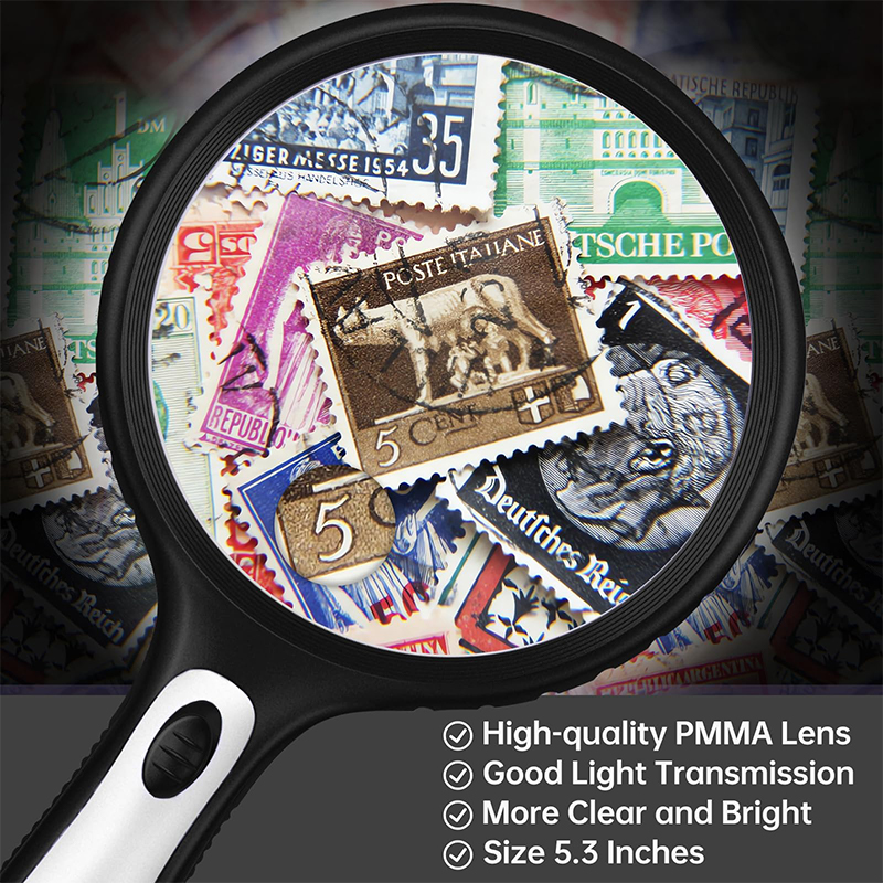 Large Magnifying Glass with Light 5.3 in, 10X 20X Handheld Lighted Magnifier with 4 LEDs for Reading, Checking, Close Work, Elderly & Kids - Black