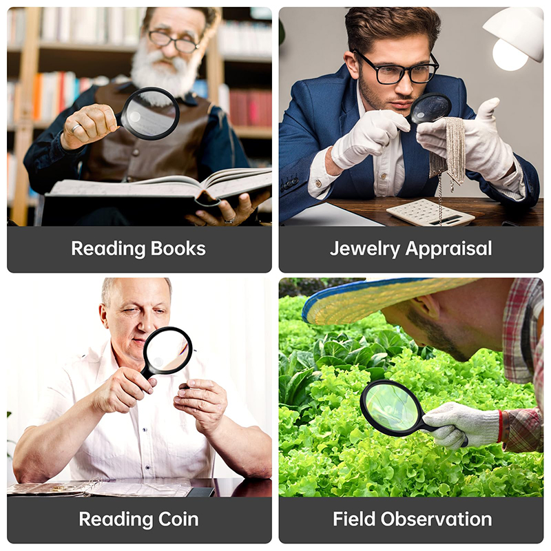 Large Magnifying Glass with Light 5.3 in, 10X 20X Handheld Lighted Magnifier with 4 LEDs for Reading, Checking, Close Work, Elderly & Kids - Black