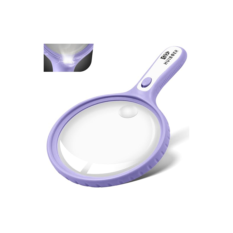 HUlBOER Magnifying Glass for Kids - 5.3 Inch Large Magnifying Glass with Light, 10X 20X & 4 LEDs for Reading, Coins Jewelry Exploration, Science Hobbies (Purple)