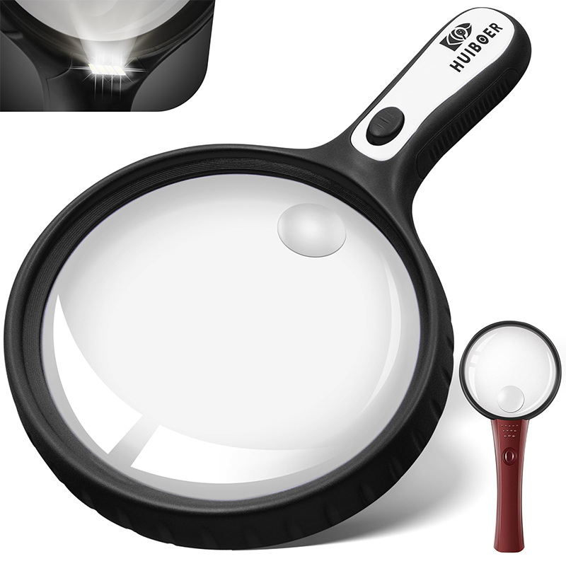 Large Magnifying Glass with Light 5.3 in, 10X 20X Handheld Lighted Magnifier with 4 LEDs for Reading, Checking, Close Work, Elderly & Kids - Black