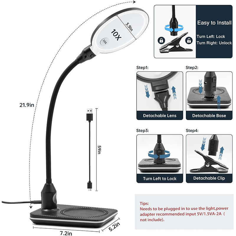 30X Magnifying Glass with Light and Stand, 5.9 Inch Large 2-in-1 Magnifier Lamp with Clamp, 3 Color Stepless Dimming, Flexible Gooseneck Hands-Free Magnifier for Close Work, Crafts & Hobbies
