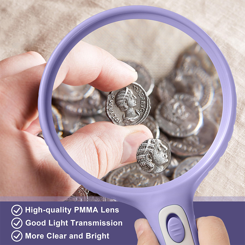 HUlBOER Magnifying Glass for Kids - 5.3 Inch Large Magnifying Glass with Light, 10X 20X & 4 LEDs for Reading, Coins Jewelry Exploration, Science Hobbies (Purple)
