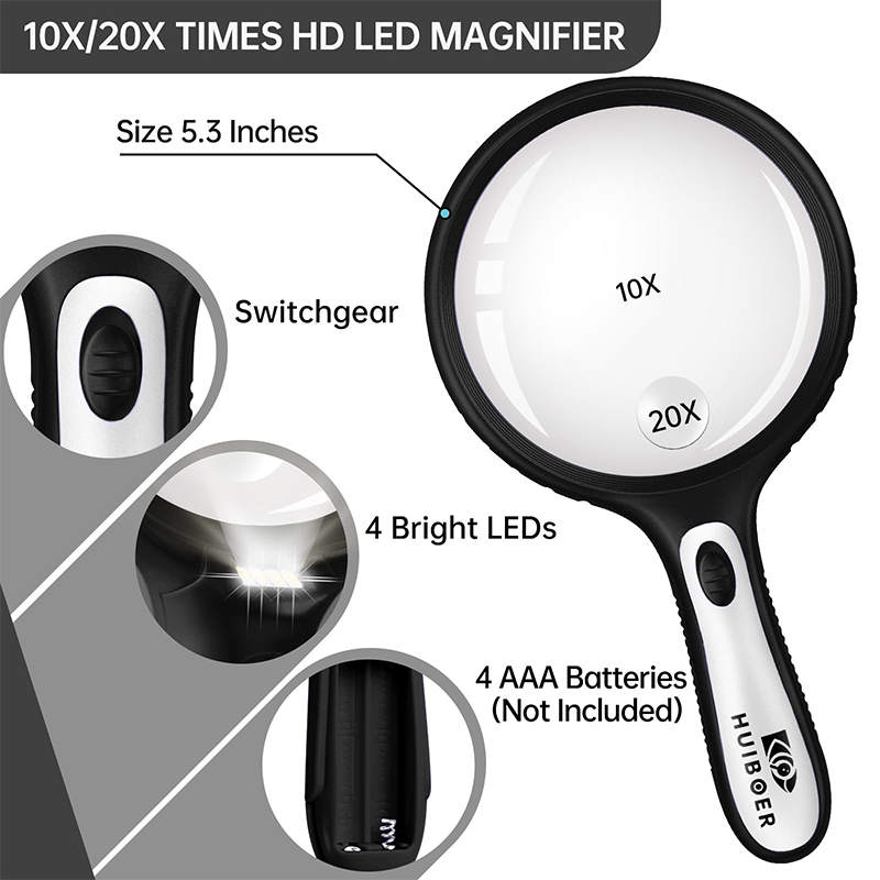 Large Magnifying Glass with Light 5.3 in, 10X 20X Handheld Lighted Magnifier with 4 LEDs for Reading, Checking, Close Work, Elderly & Kids - Black