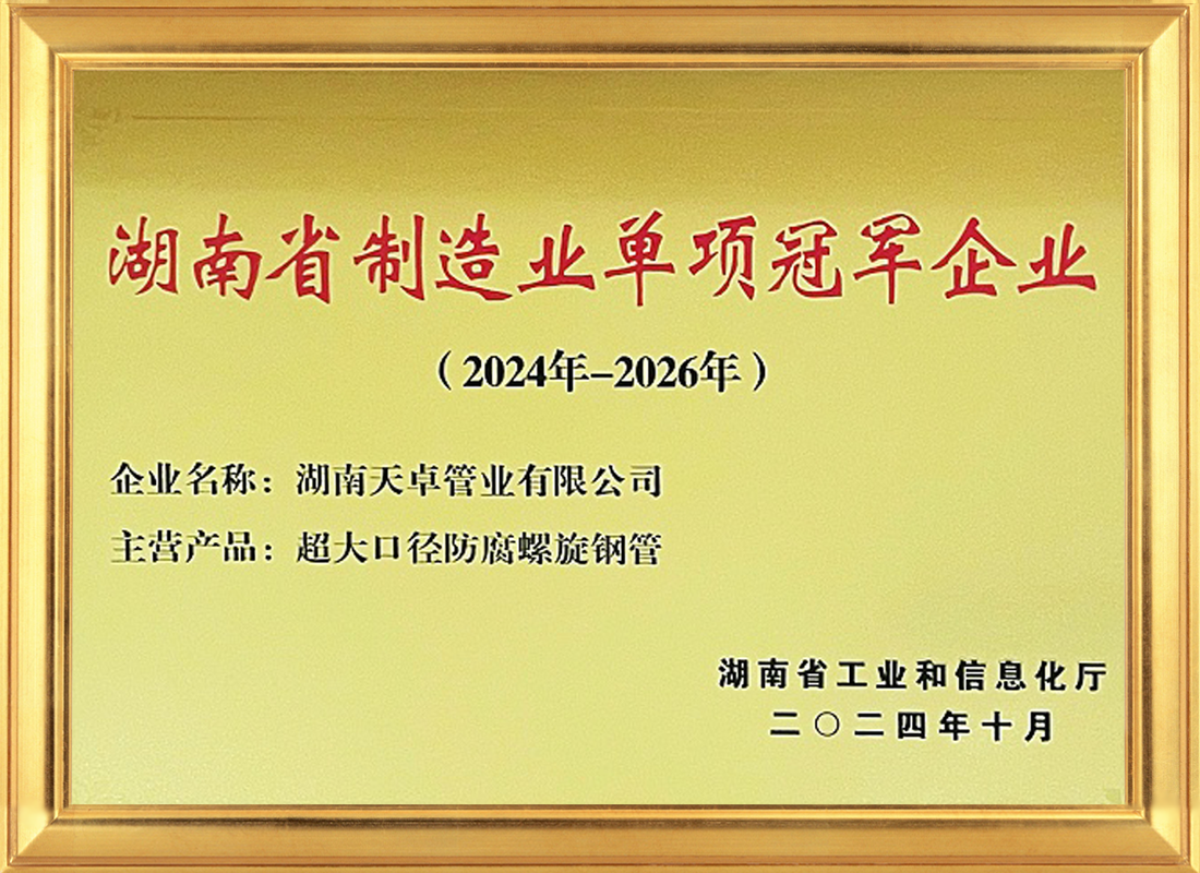 Hunan Topzone Pipe Industry Co., Ltd. Recognized as a Provincial Manufacturing Single Champion Enterprise