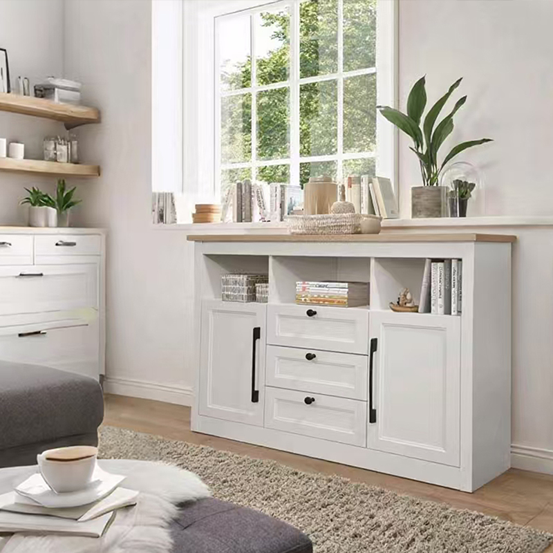 Double-door, three-drawer open shelf  cabinet