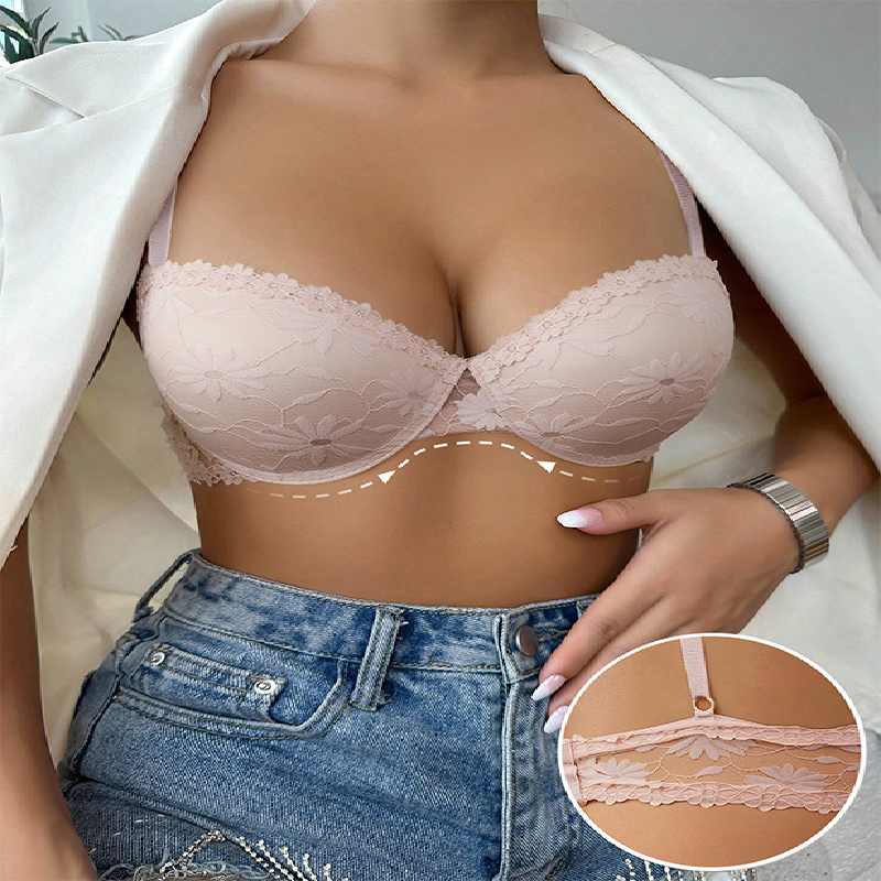 Comfortable pink lace bra with adjustable shoulder straps