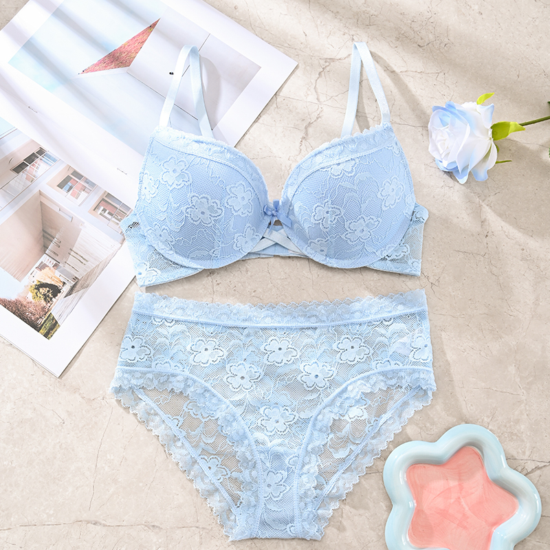 Soft and cute blue lace bra set
