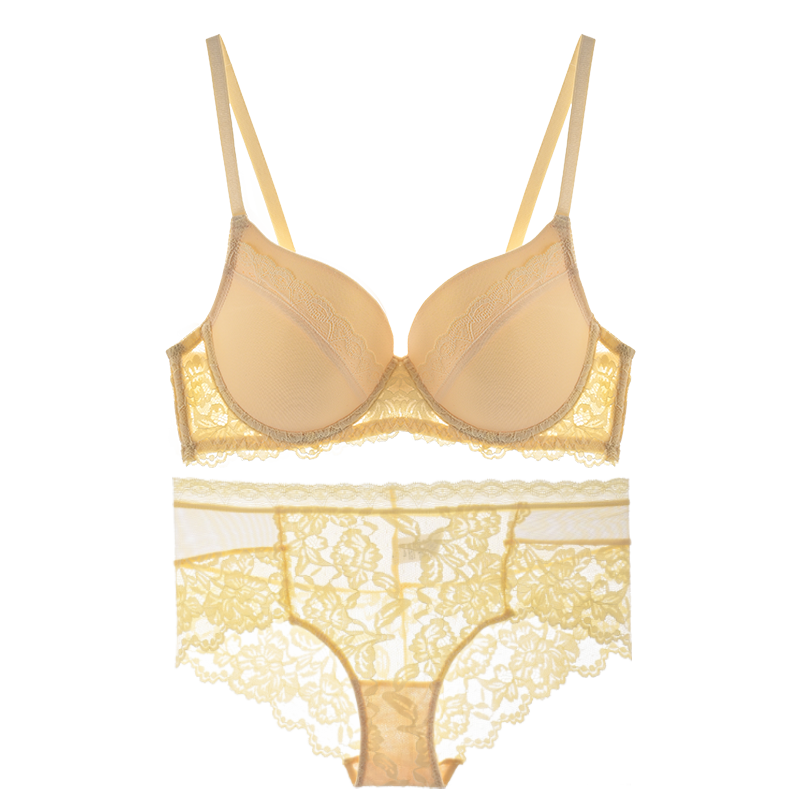 Soft and breathable yellow lace bra set