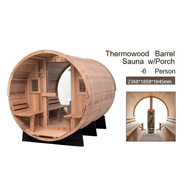 Thermowood  Barrel Sauna w/Porch -6    Person