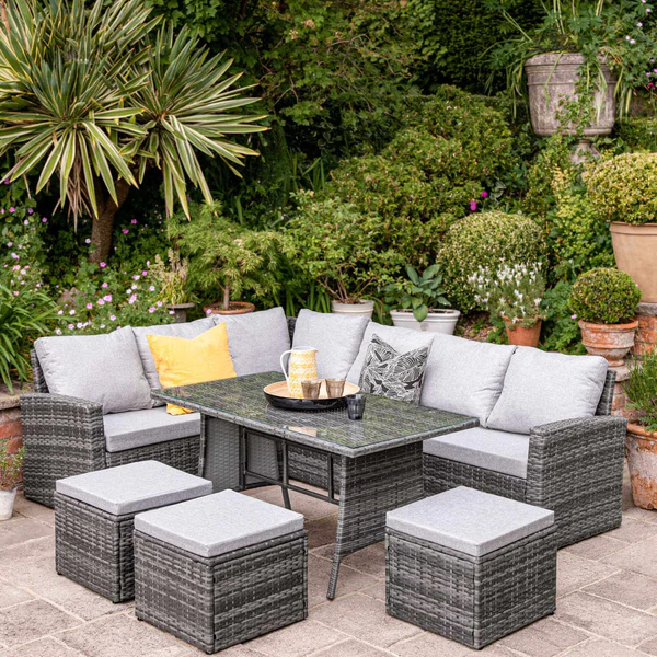 Aston Rattan Corner Sofa Set Grey LED Cantilever Parasol 9 Seater