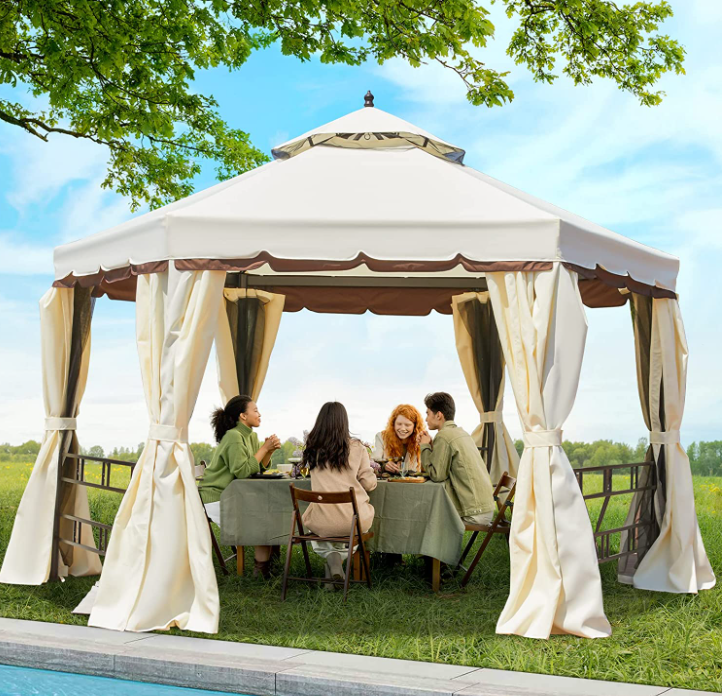 Erommy 12FT Outdoor Canopy Gazebo, Hexagonal Double Roof Patio Gazebo
